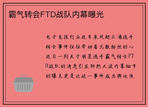 霸气转会FTD战队内幕曝光